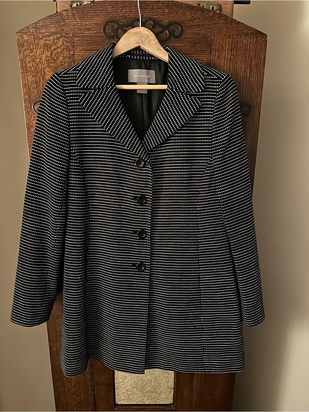 Ann Taylor Black & Cream Dot-Print Tailored Coat Size 6 Work Office